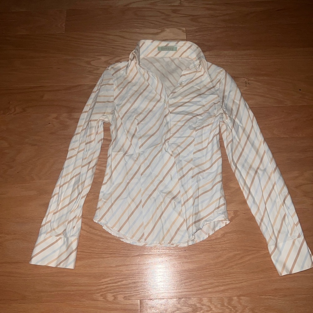 BAMBOO White and Tan Striped Button Down Shirt